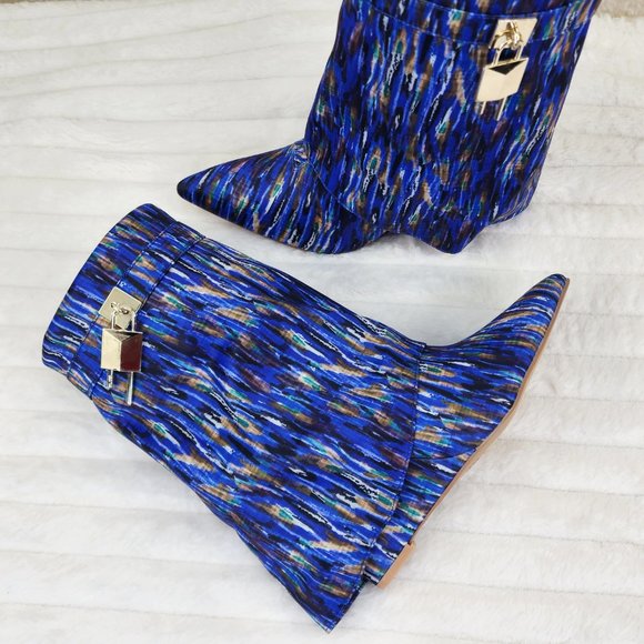 Valley Blue Multi Wedge Heel Fold Over Skirted Ankle Boots - Picture 3 of 11